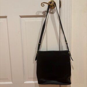 Vintage Coach Black Equestrian Bag with Long Strap, Gold Hardware, and Bag Tag